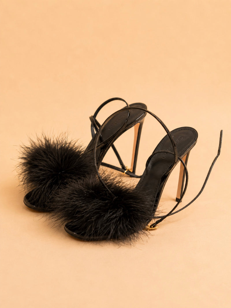 Omyra Sandal In Black Mirrored Leather & Turkey Feathers