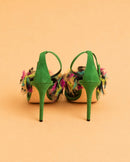 Oluchi Sandal In Green Suede & Multicolor Organza