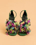Oluchi Sandal In Green Suede & Multicolor Organza
