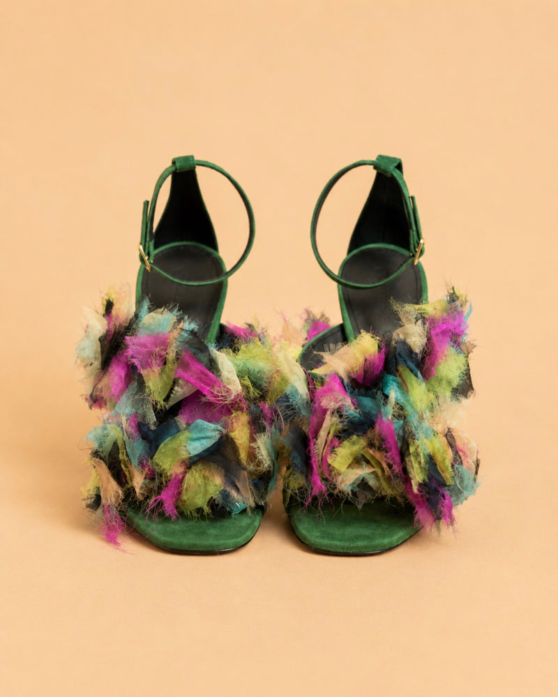 Oluchi Sandal In Green Suede & Multicolor Organza