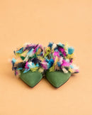 Baba Flat In Green Suede & Multicolor Organza