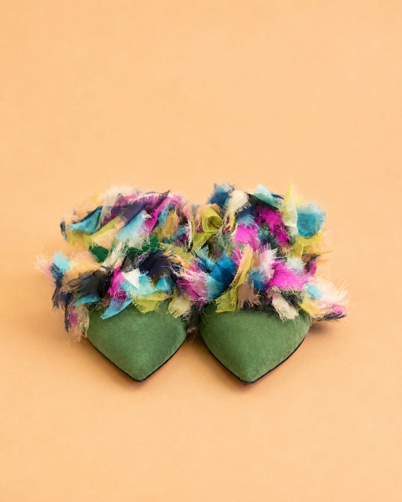 Baba Flat In Green Suede & Multicolor Organza
