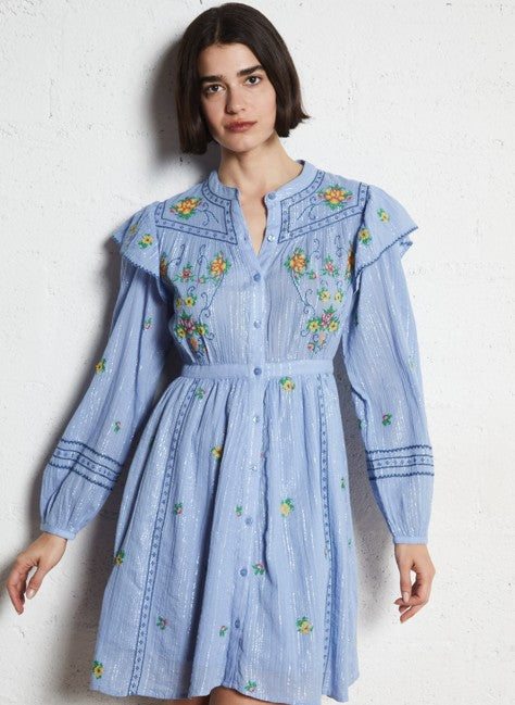 Berenice - Vestido Corto Ml Volantes Bordado - Blue-Lavender
