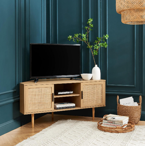 Amana - Mueble TV de esquina - Efecto roble y caña de ratán