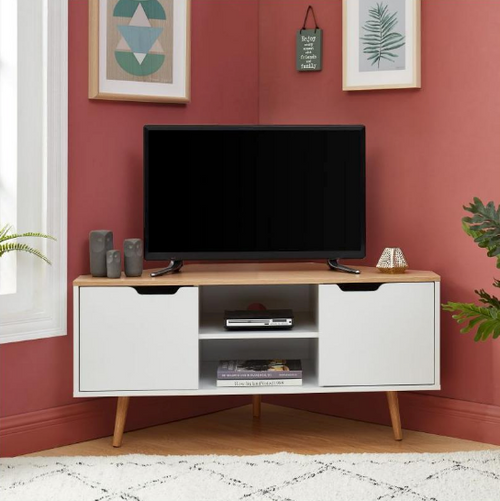Lyna - Mueble TV de esquina - Efecto blanco y roble