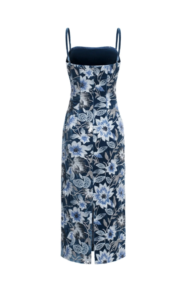 Abito midi in velluto ricamato - Blu