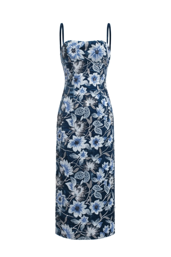 Abito midi in velluto ricamato - Blu