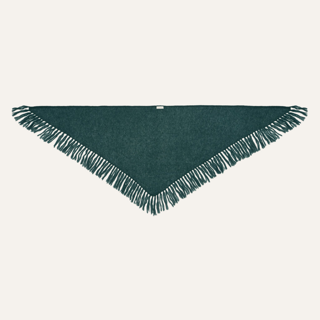 Michonet – Châle Dark Green, écharpe triangulaire vert foncé avec franges, vue de face
