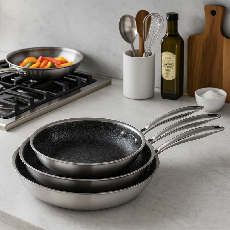 Set De 3 Poêles Triply Revêtement Nid D'Abeille Anti-Adhésif - Multinox Pro Ceramic - Argenté