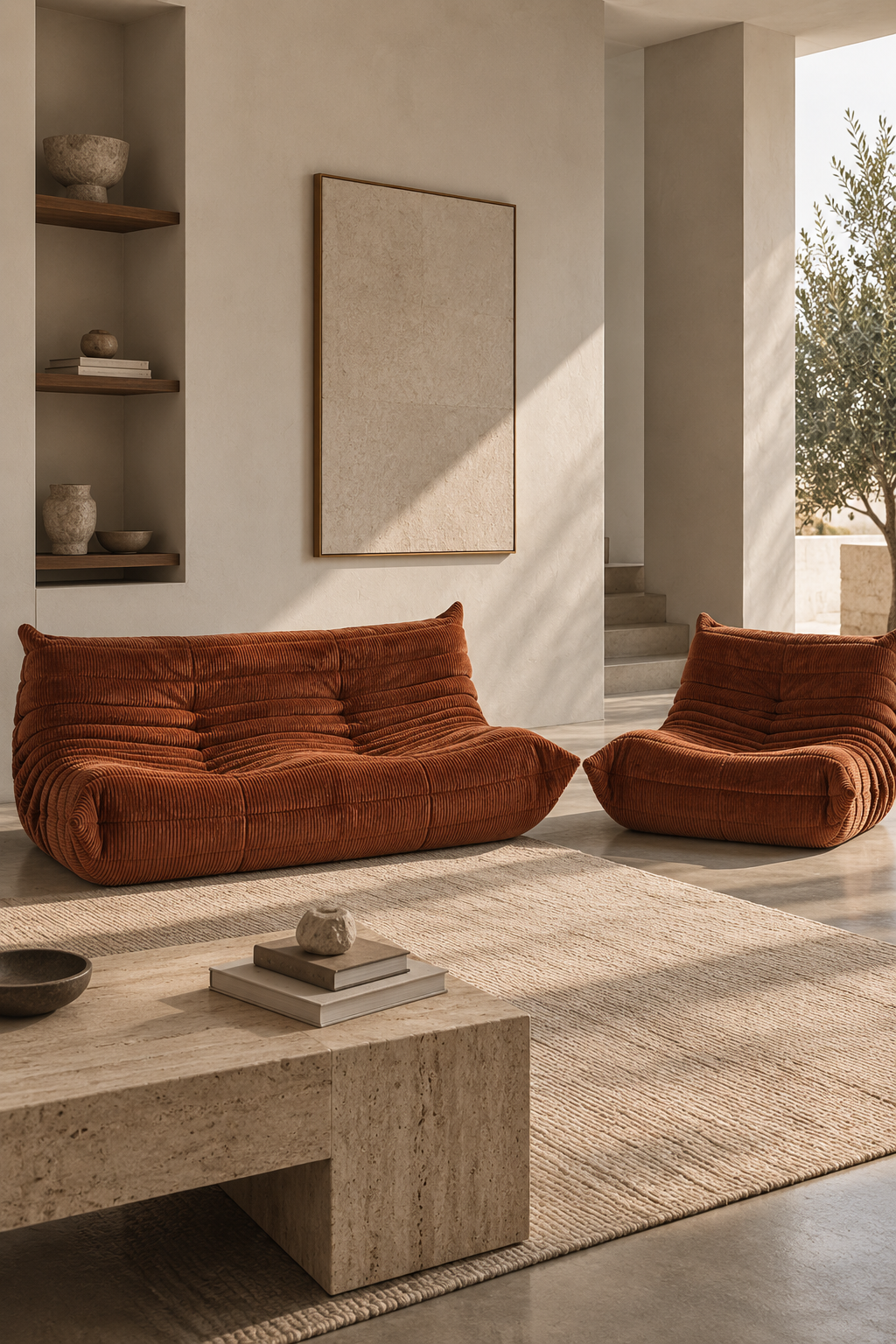 Set Togo – 2-sitssoffa + Fåtölj utan armstöd – Manchestertyg – Brun