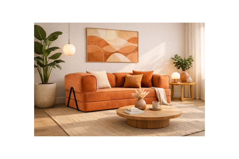 Poppy - Canapé Convertible - 3 Places - Velours Côtelé - Terracotta