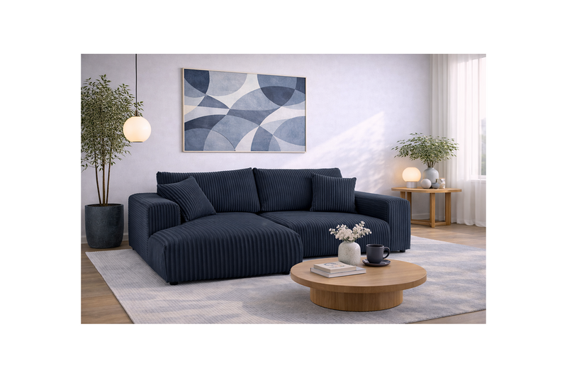 Garance - Canapé D'Angle Réversible - 4 Places - Velours Grosses Côtes - Bleu