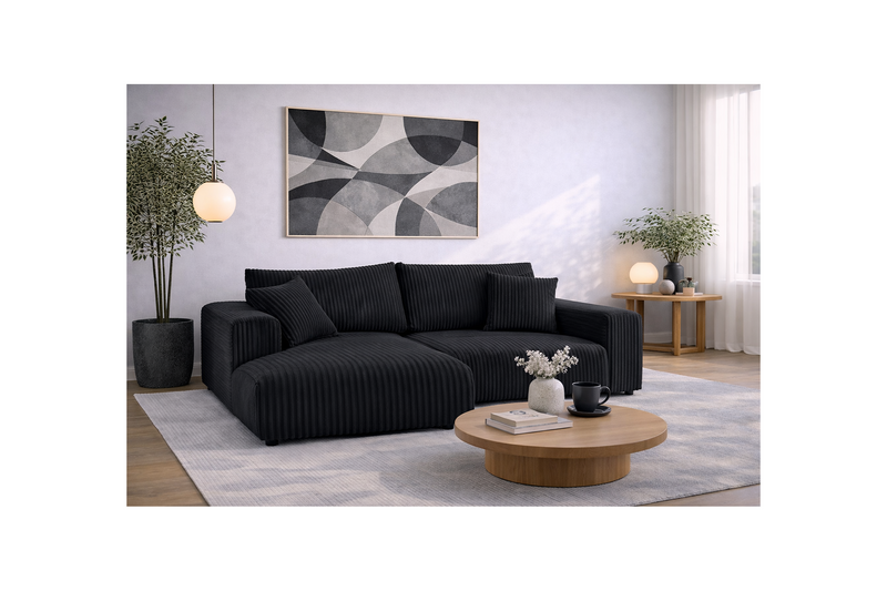 Garance - Canapé D'Angle Réversible - 4 Places - Velours Grosses Côtes - Noir
