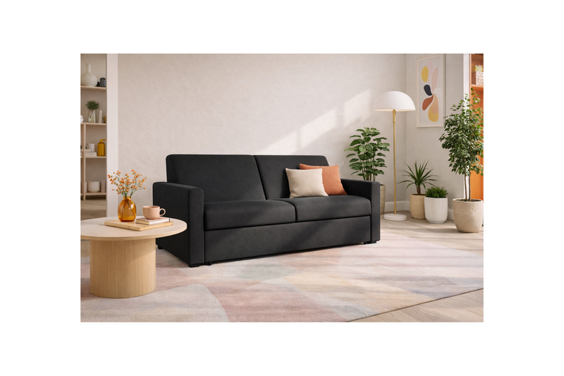 Julia - Sofá cama convertible de uso diario - 3 plazas - Tela - Negro