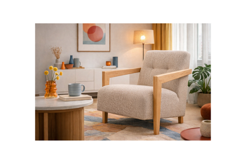 Lola - Fauteuil Avec Accoudoirs Chêne Massif - Tissu Texturé - Beige