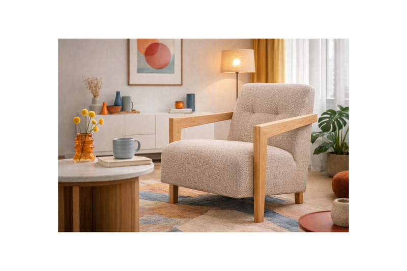 Lola - Armchair With Solid Oak Armrests - Textured Fabric - Beige