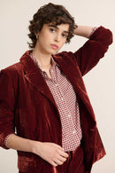 Chemise vichy bordeaux 100 % coton, collection Garance Paris automne hiver 2025, coupe ample avec fronces et col chemise.