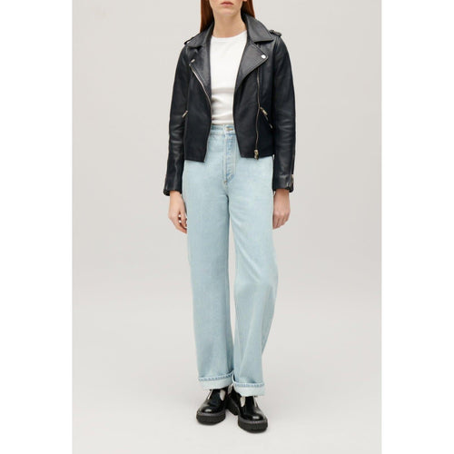 Veste En Cuir Lisse Bleu Marine