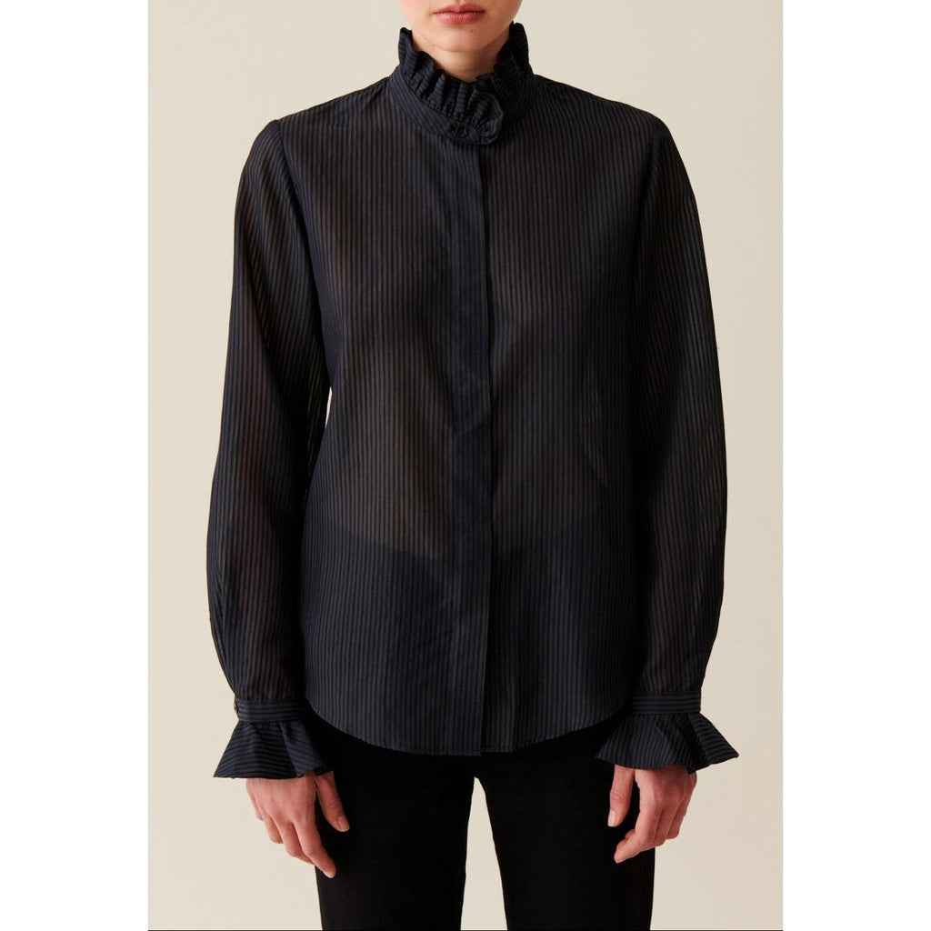 Fluid Shirt with Ruffled Collar and Stripes
