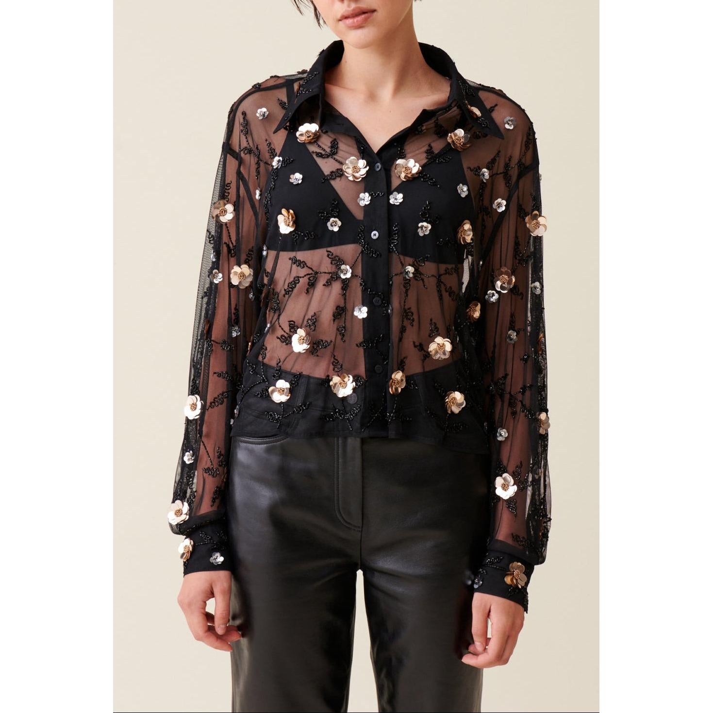 Camisa Negra Transparente Bordada