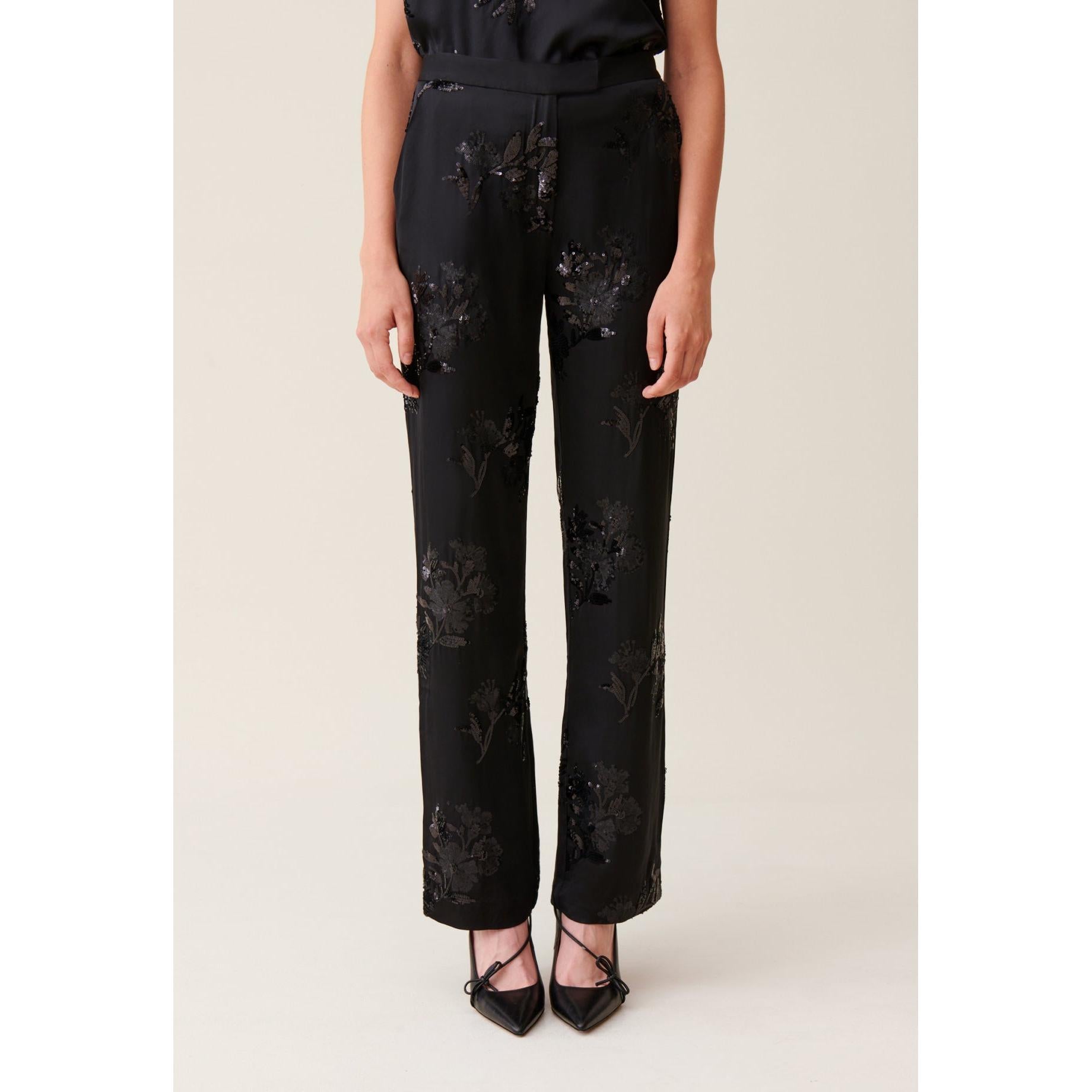 Black Embroidered Sequin Pants
