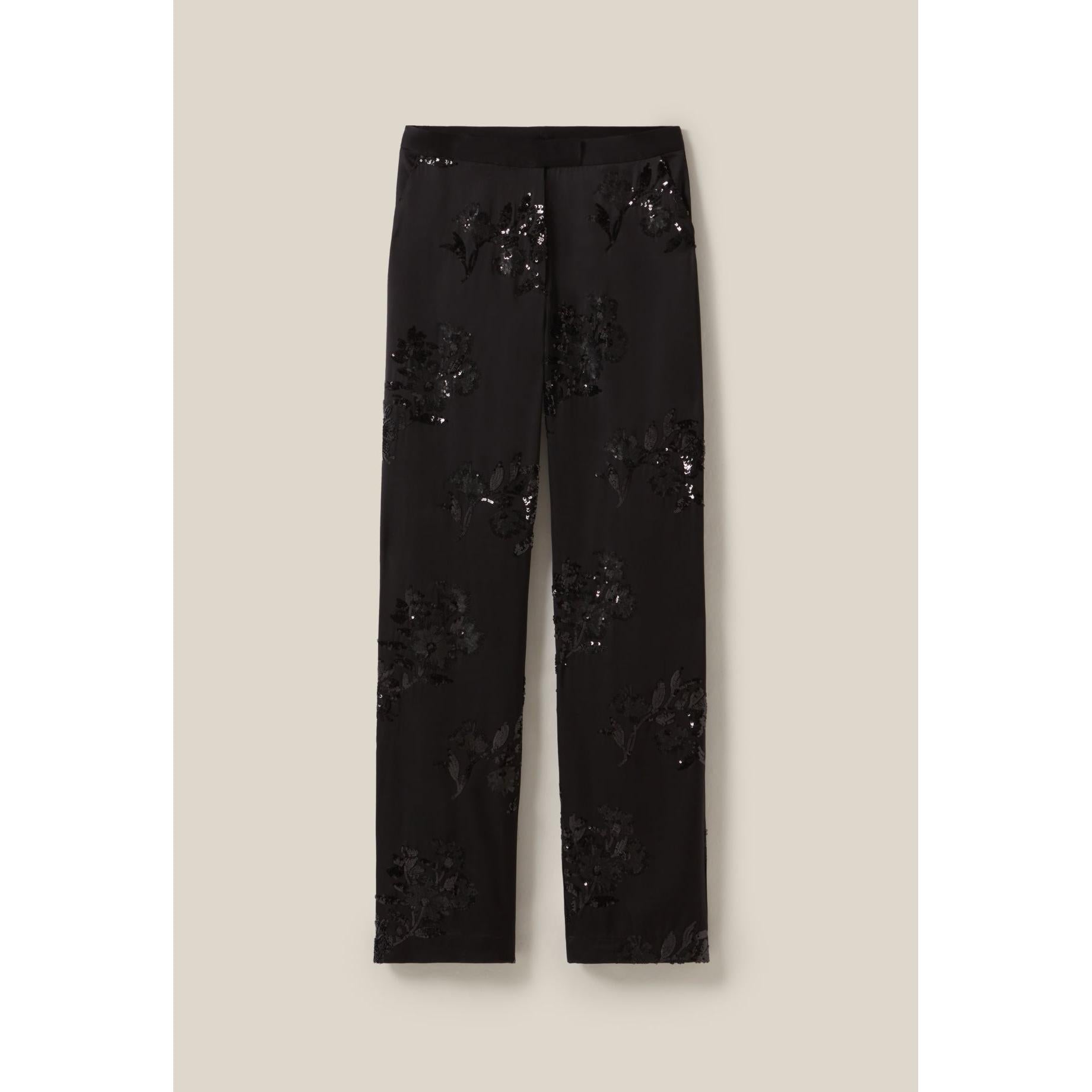 Black Embroidered Sequin Pants