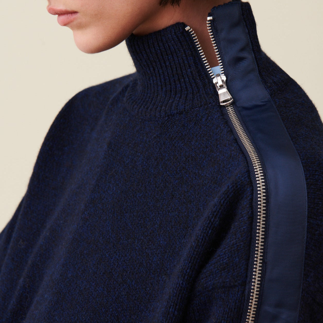 Navy Blue Zipped High Neck Sweater