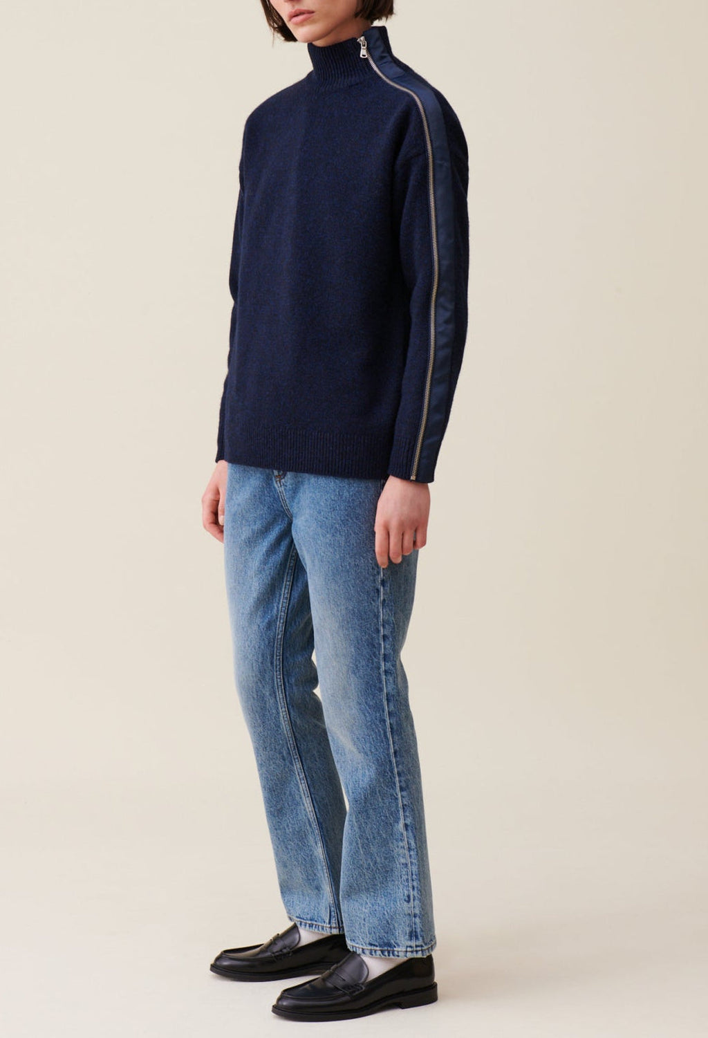 Navy Blue Zipped High Neck Sweater