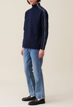 Navy Blue Zipped High Neck Sweater
