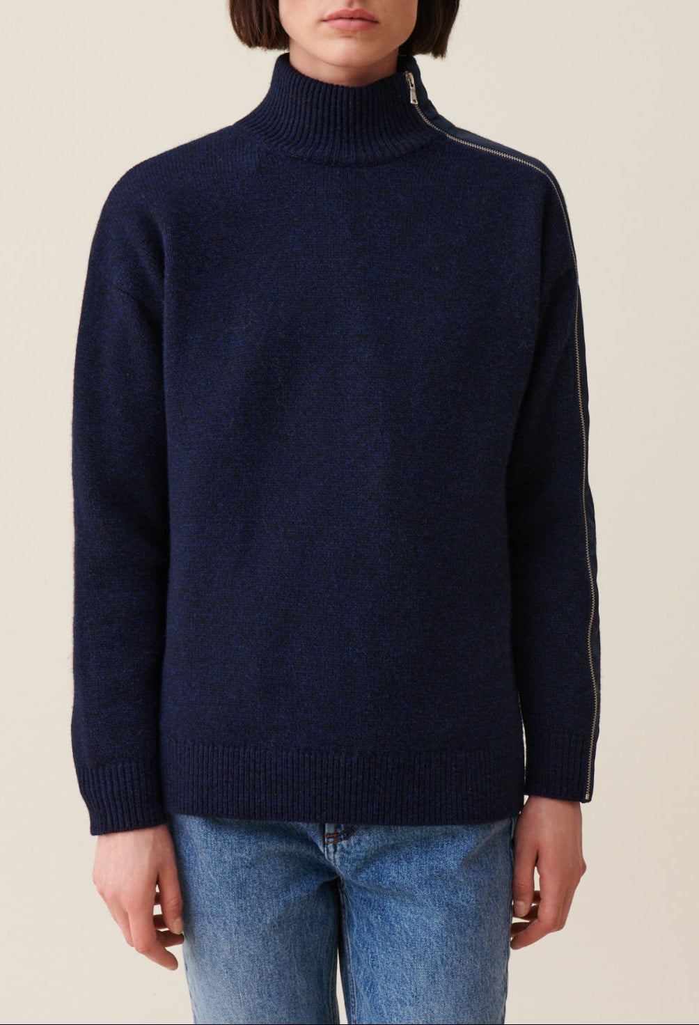 Navy Blue Zipped High Neck Sweater