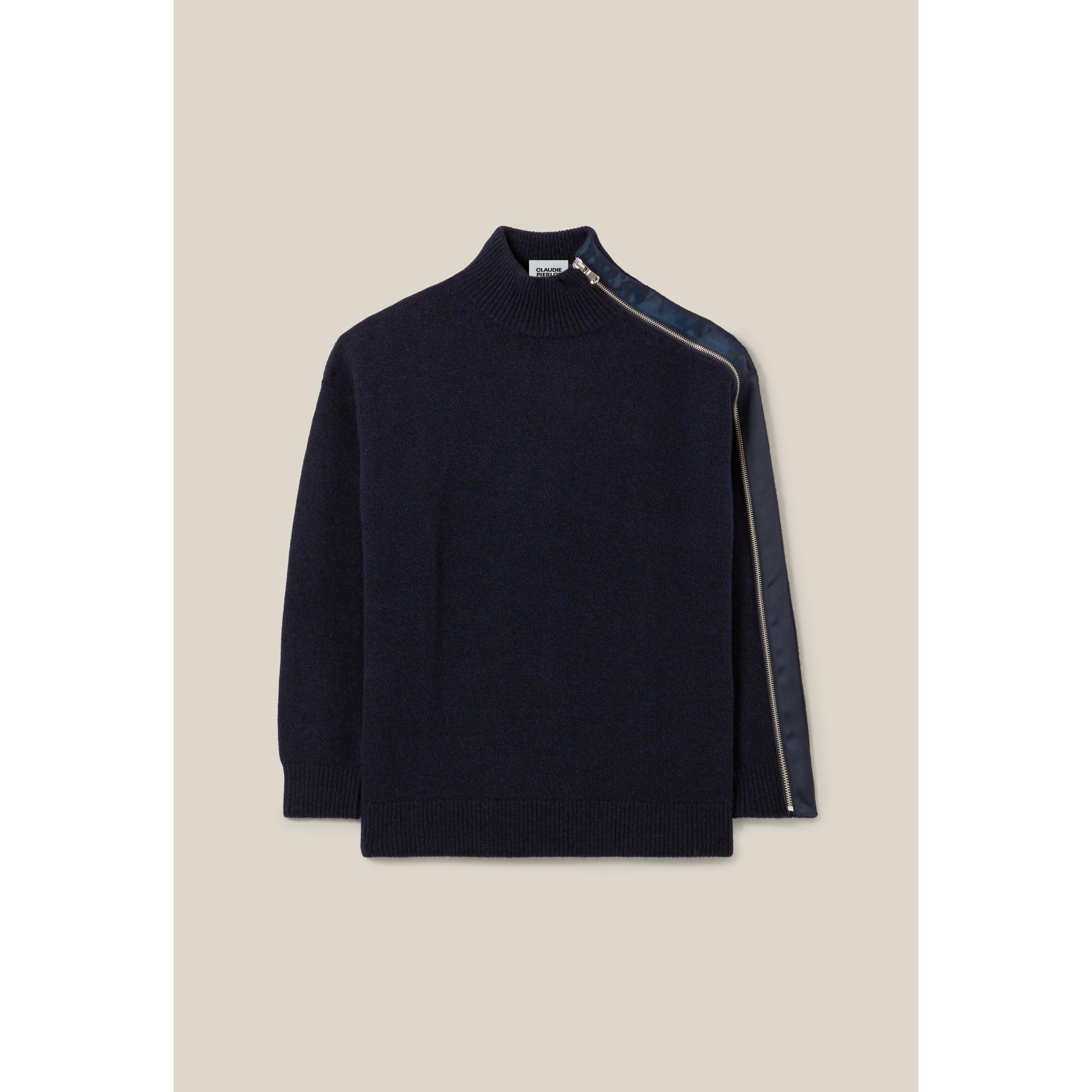 Navy Blue Zipped High Neck Sweater