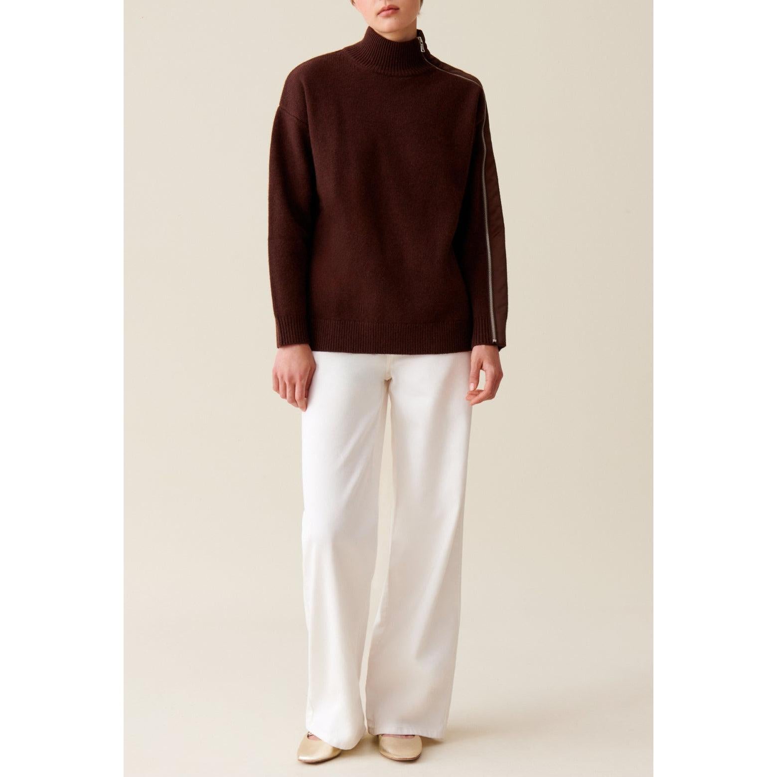Pull Col Montant Zippé Marron