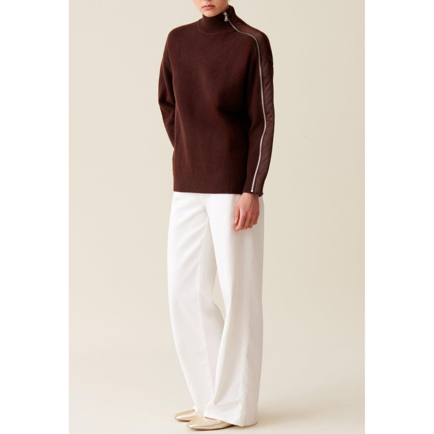Brown Zipped High Neck Sweater