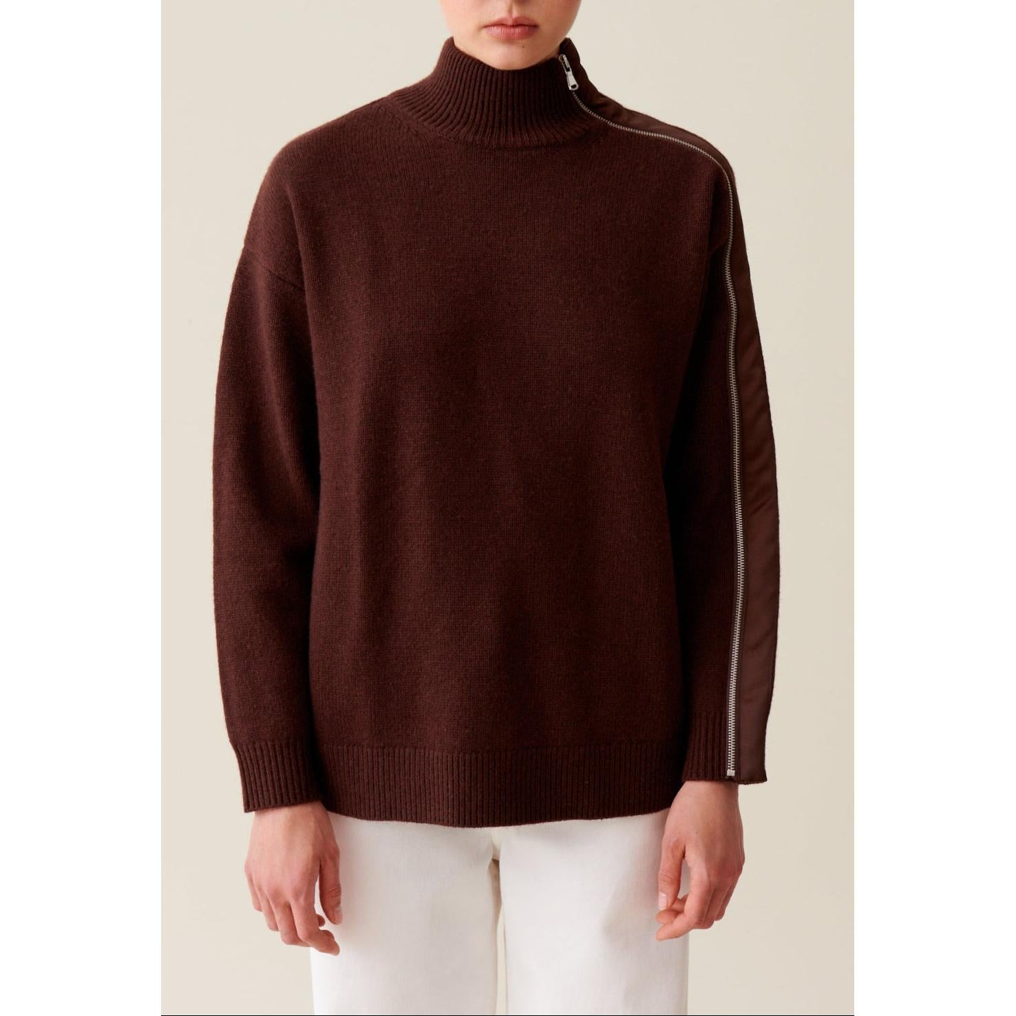 Pull Col Montant Zippé Marron