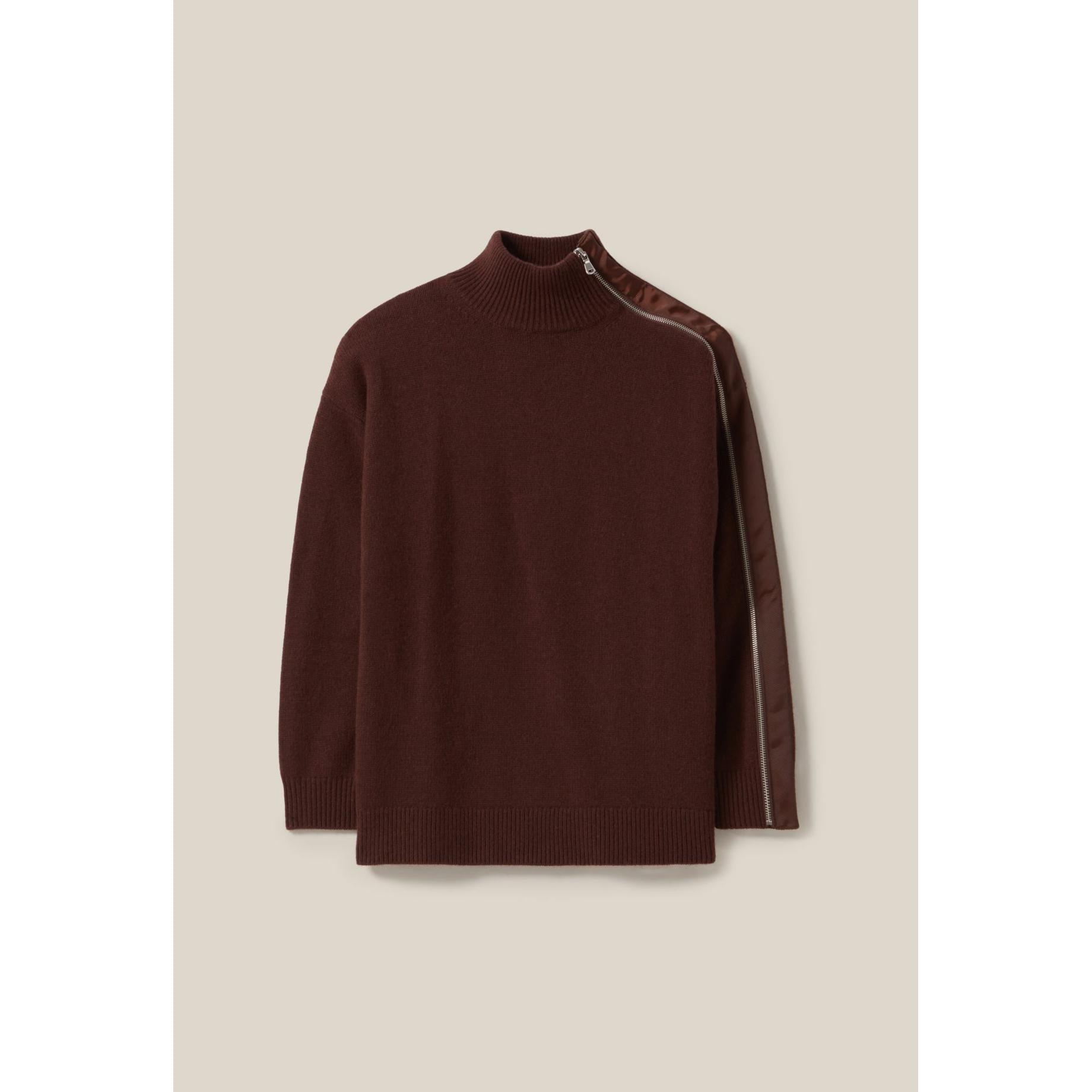 Brown Zipped High Neck Sweater