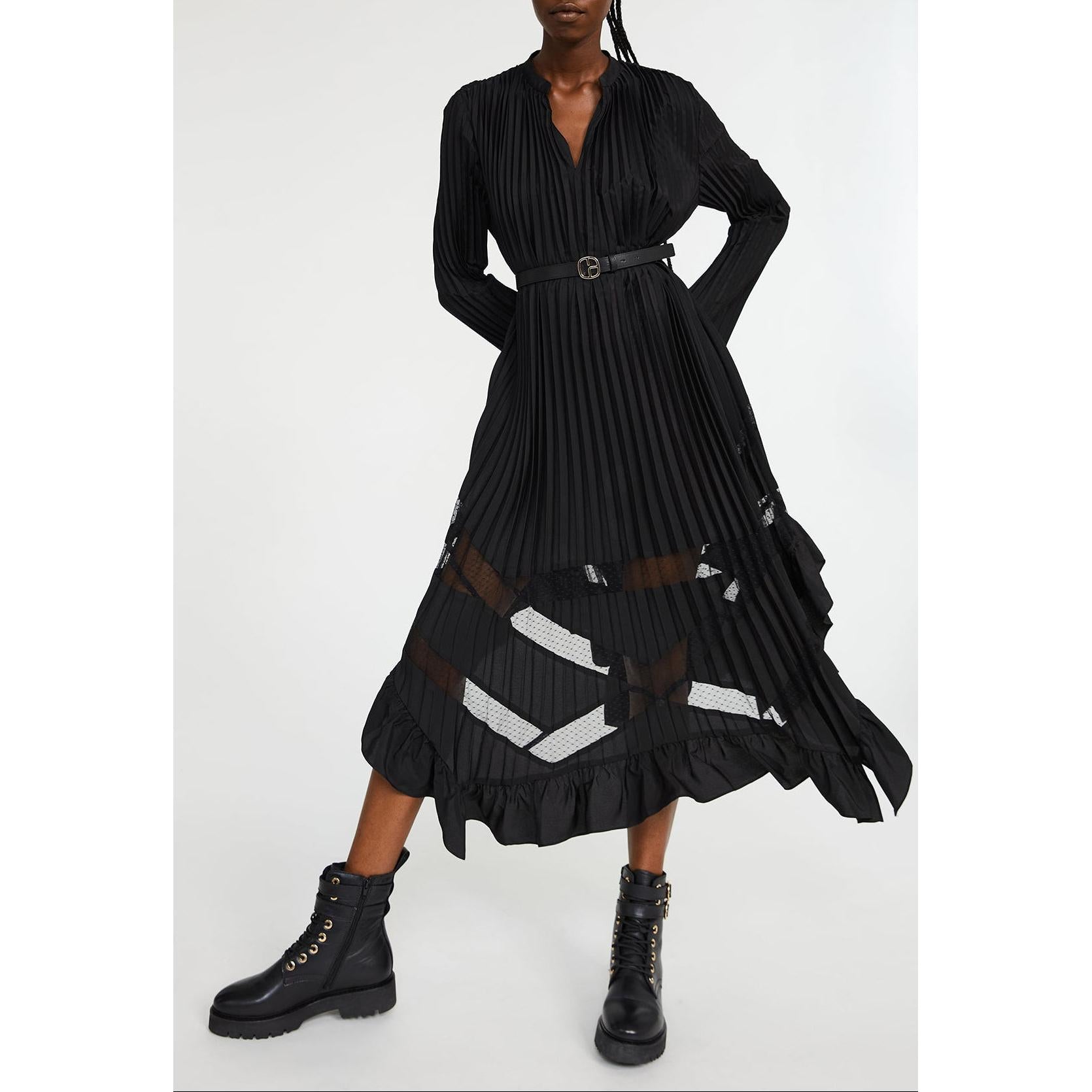 Long Black Pleated Ruffle Dress
