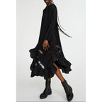 Long Black Pleated Ruffle Dress