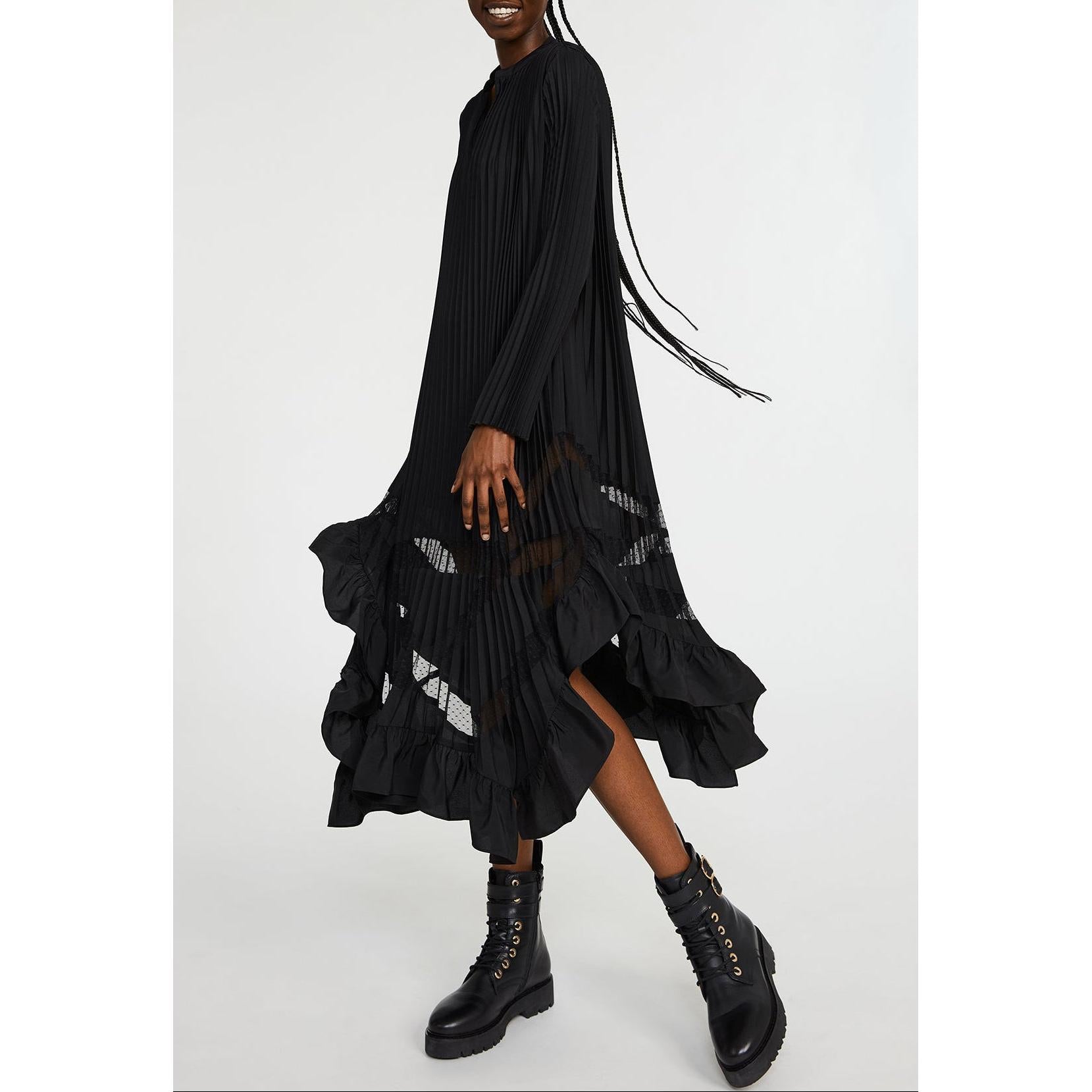 Long Black Pleated Ruffle Dress