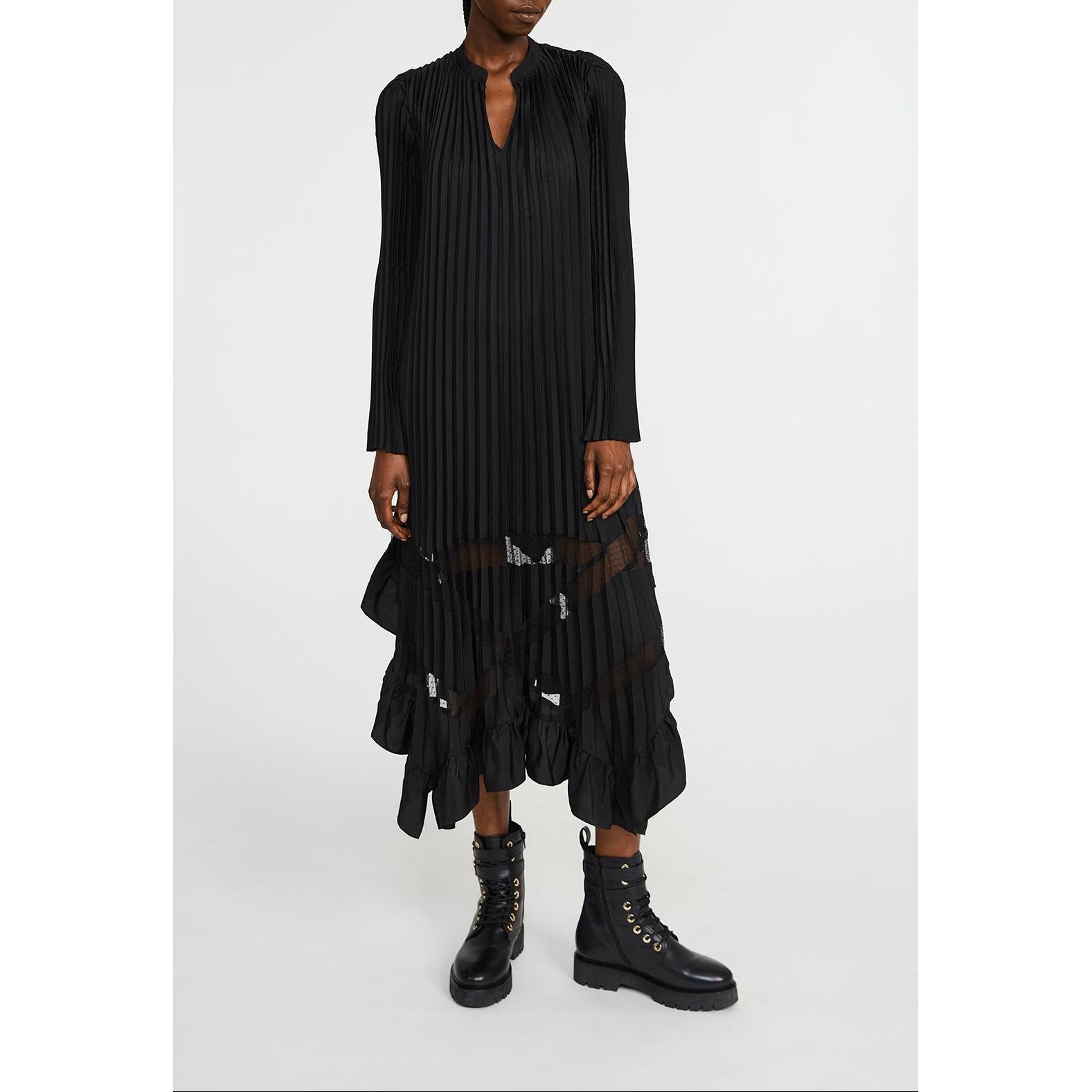 Long Black Pleated Ruffle Dress