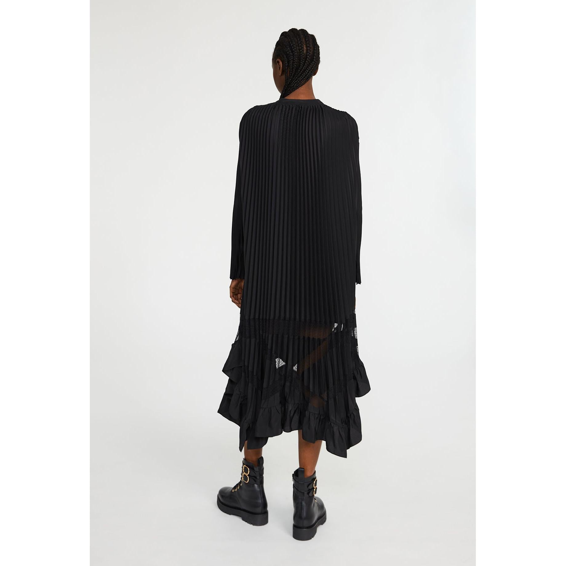 Long Black Pleated Ruffle Dress