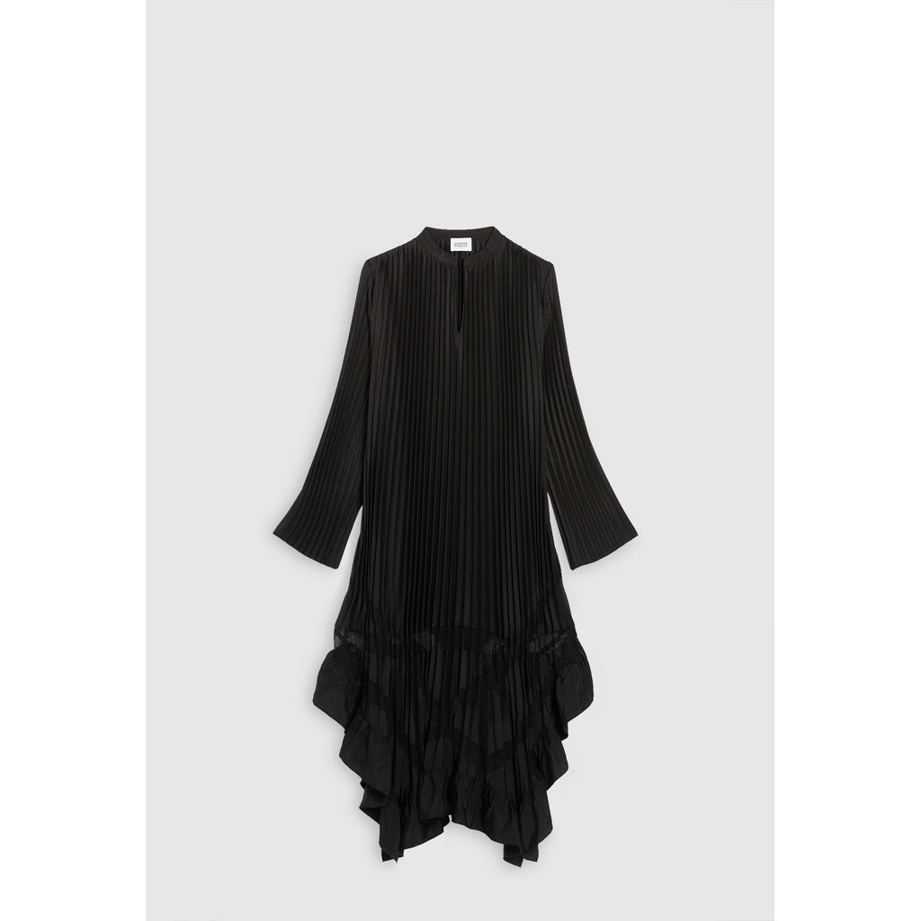 Long Black Pleated Ruffle Dress