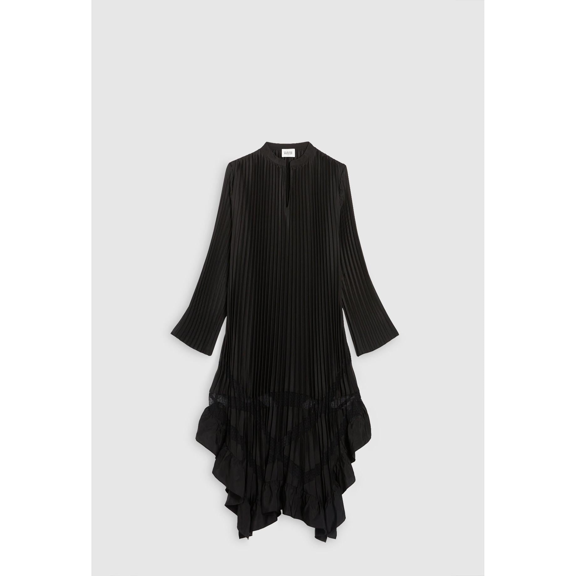 Long Black Pleated Ruffle Dress