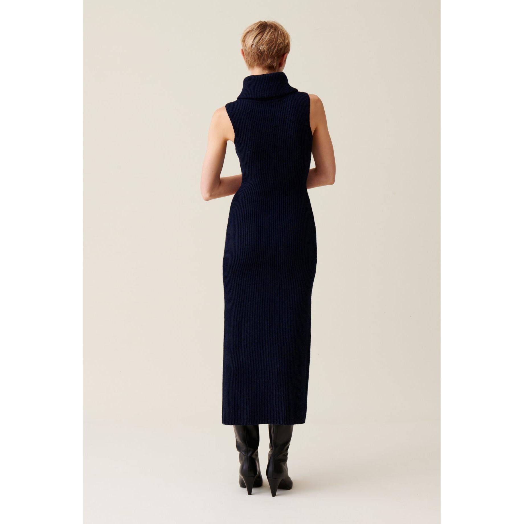 Zipped Knit Dress with Stand Collar