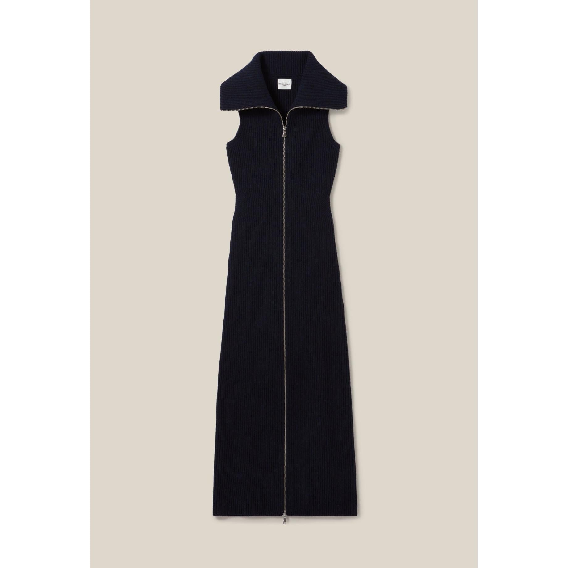 Zipped Knit Dress with Stand Collar