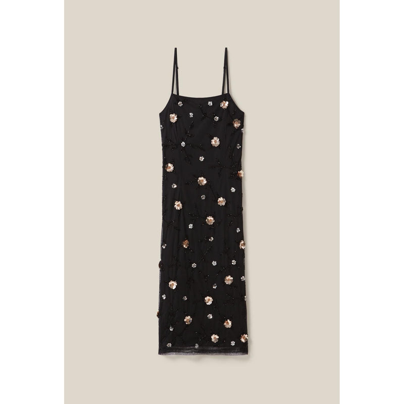 Vestido largo fluido con lentejuelas bordadas