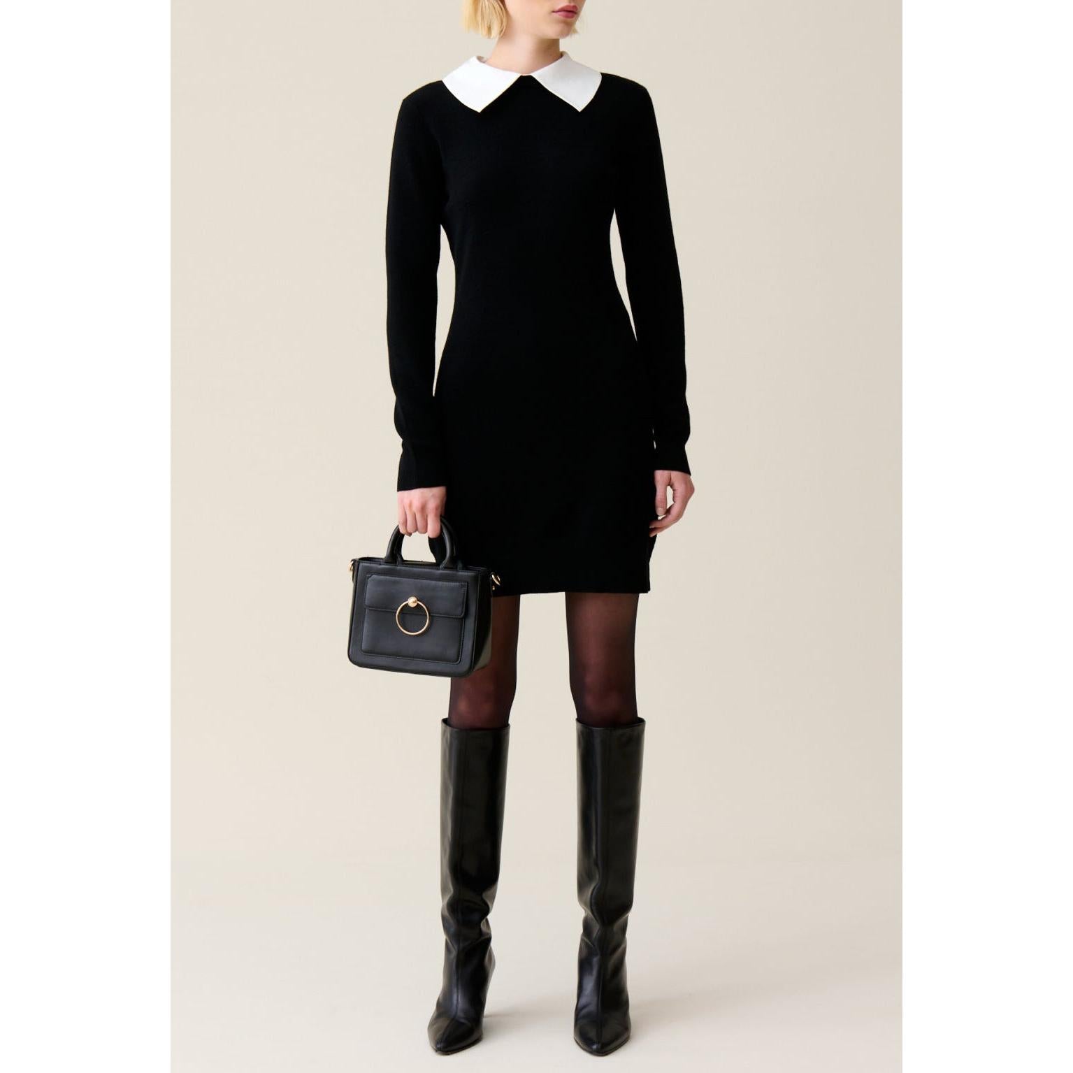 Black Knitted Dress with Removable Collar