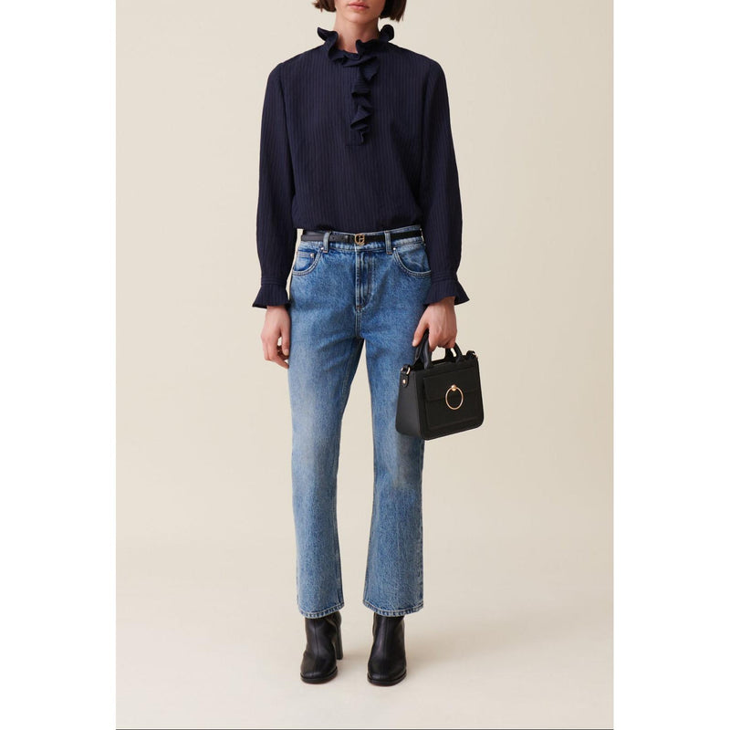 Blouse Rayée Volants Bleu Foncé