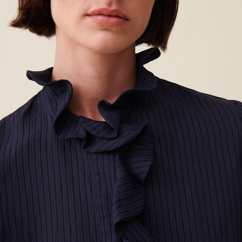 Claudie Pierlot - Blouse Rayée Volants Bleu Foncé