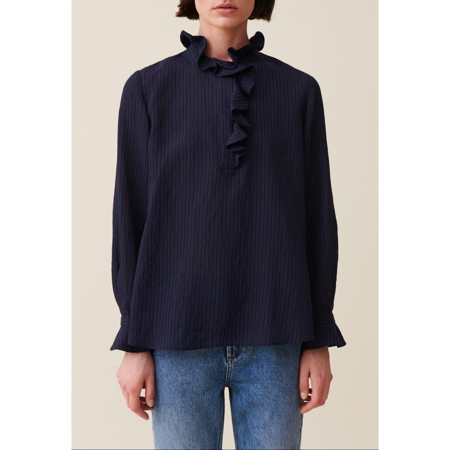 Claudie Pierlot - Dark Blue Ruffled Striped Blouse