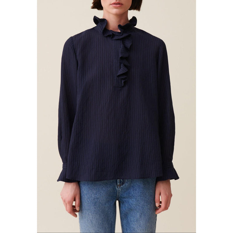 Blouse Rayée Volants Bleu Foncé